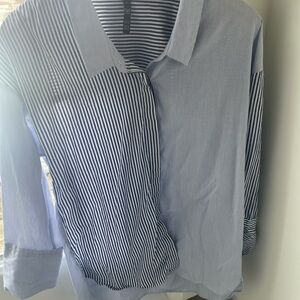 Zara Women's Blue and White Striped Button Down Shirt